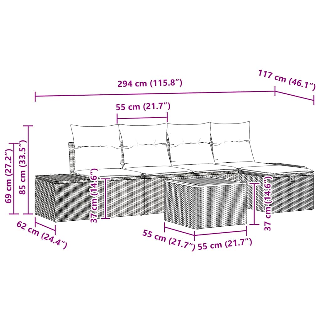 Garten-Sofa-Set mit Kissen 6 pcs Schwarz Poly Rattan